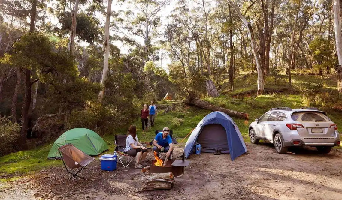 A couple sit around a campsite and welcome their friends to their campsite as they walk in.